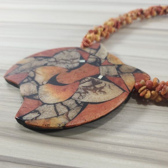 Vintage Lee Sands Inlaid Lion Pendant Statement Necklace Coral Orange 9" 22" - Picture 10 of 12